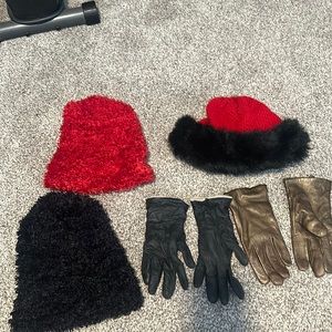 3 winter hats, black leather gloves and gold leather gloves. Women’s